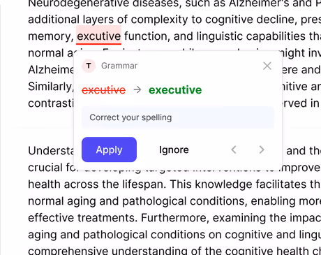 Grammar correction popup suggesting changing ‘excutive’ to ‘executive’ with Apply and Ignore options.