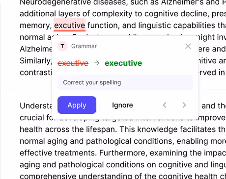 Grammar correction popup suggesting changing ‘excutive’ to ‘executive’ with Apply and Ignore options.