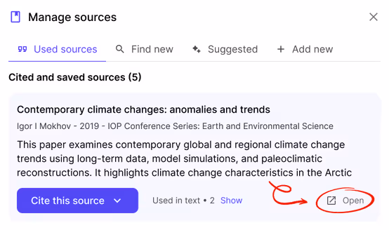 Cited source list showing an article on sleep deprivation in ICU with options to cite or open the source.