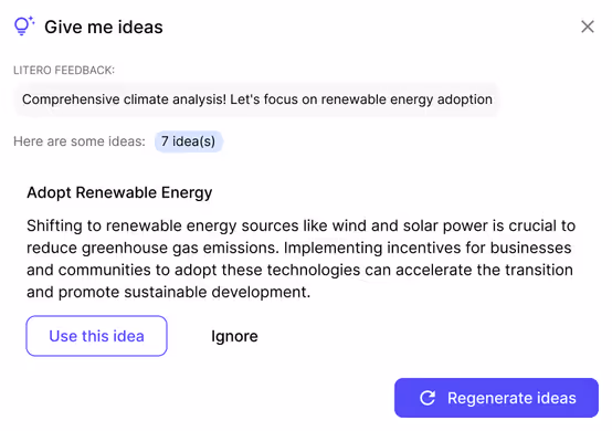 Litero AI's interface showing ideas generated by "Give me ideas" feature for improving sleep habits.