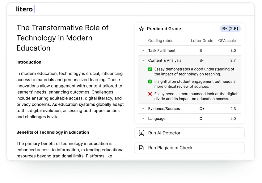 Example of litero.ai user interface for grading functionality.
