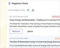 Plagiarism checker showing similarity score and rephrase suggestions