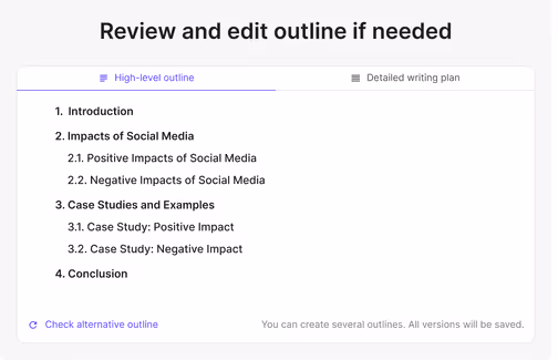 High-level outline editor showing complete outline with sections on sleep deprivation causes, effects, solutions, and conclusion.