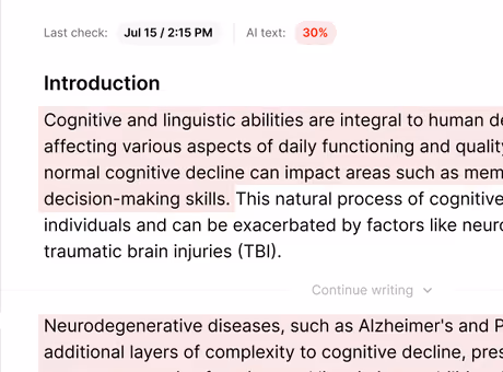 Litero's AI detector showing an introduction section on cognitive abilities with AI text percentage at 30%.