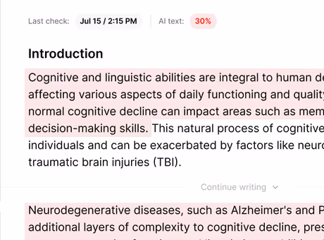 Litero's AI detector showing an introduction section on cognitive abilities with AI text percentage at 30%.