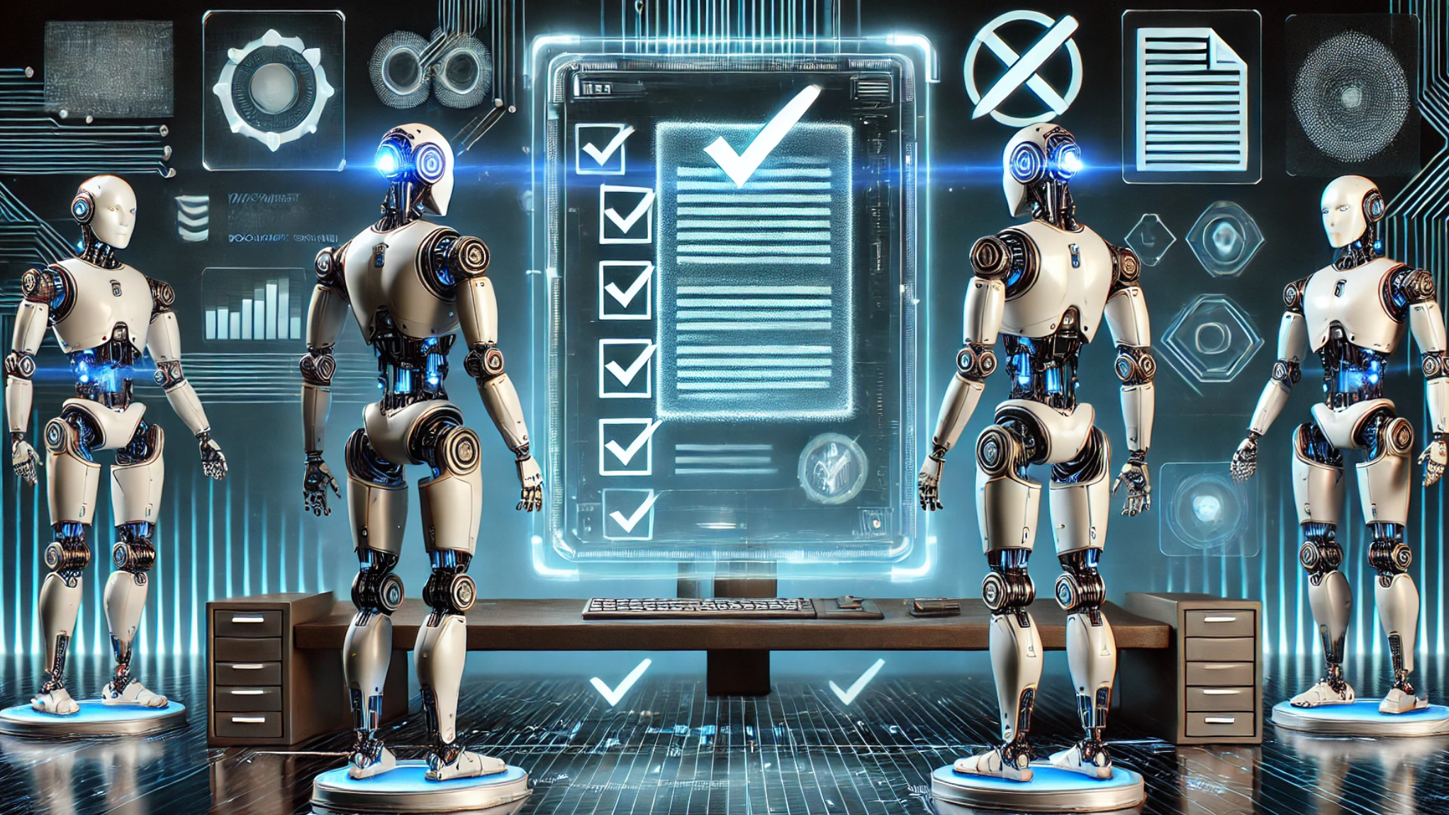 Robots performing plagiarism checks with tech symbols