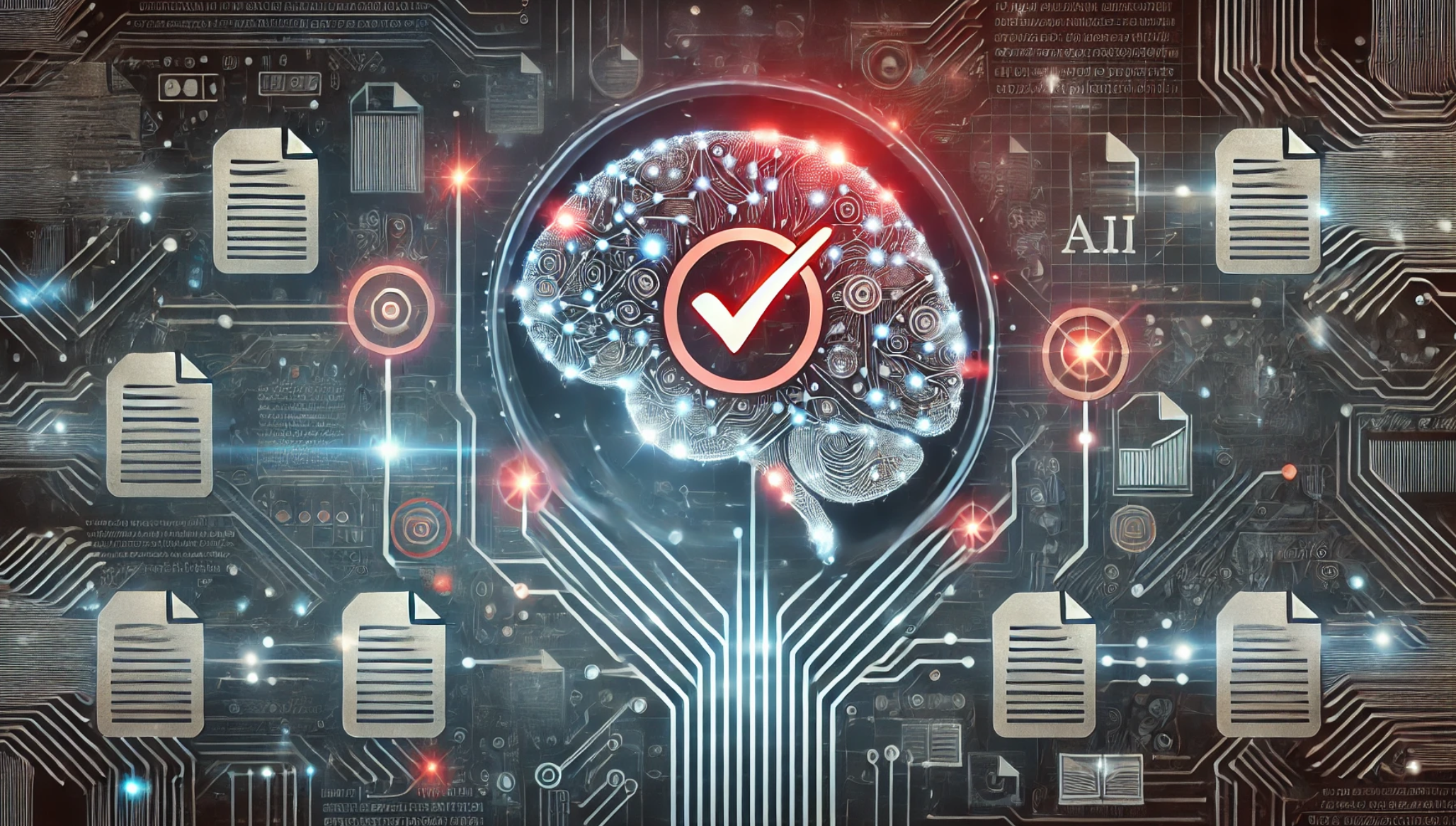 AI with data streams and red flag symbol for plagiarism