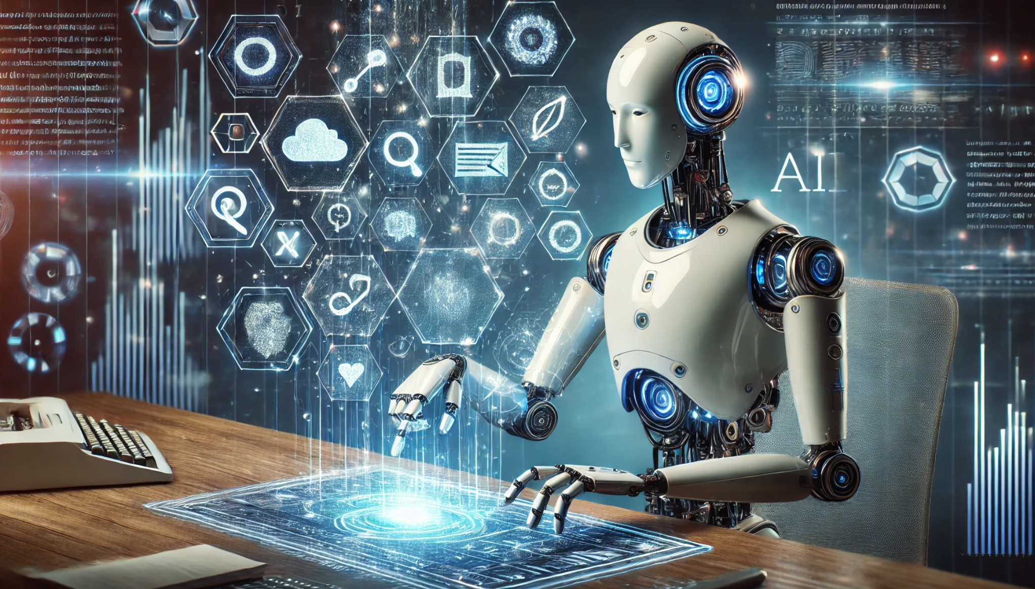 Robot at desk generating glowing text symbols for humans