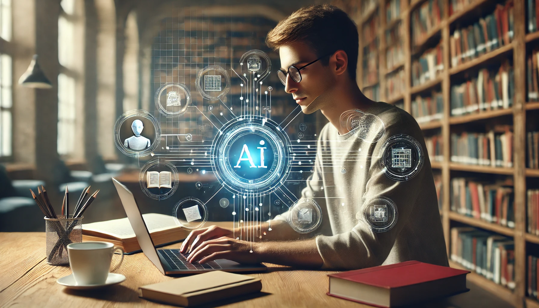 Student using AI tools on laptop in library