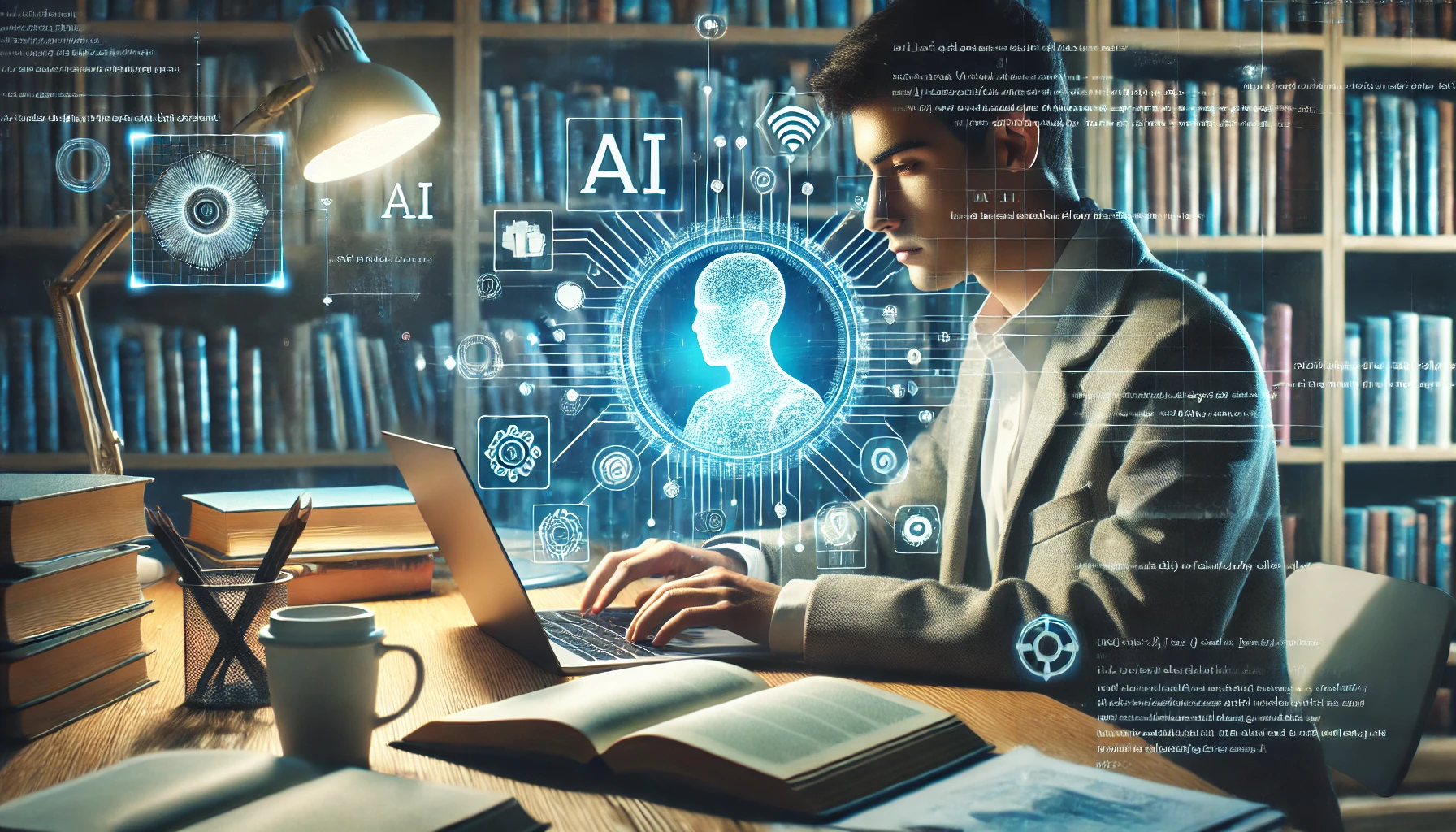 Student making research with AI assistance in quiet study space