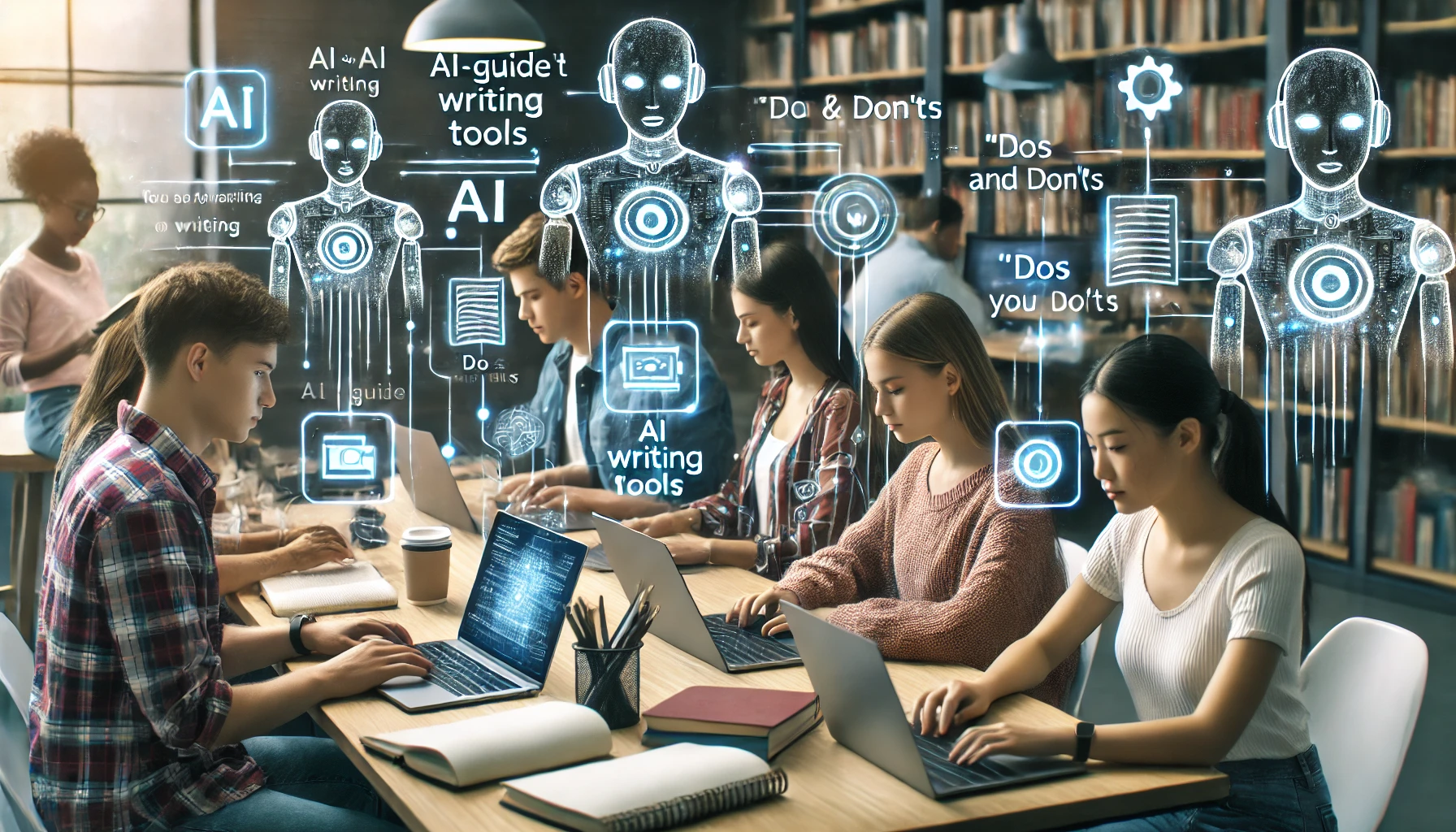 Group of students collaborating in a study space, using laptops with holographic AI writing tools, surrounded by notebooks and study materials