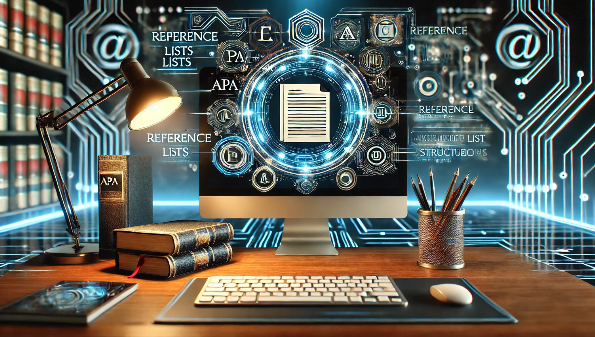 Computer screen with abstract citation symbols in a tech setting