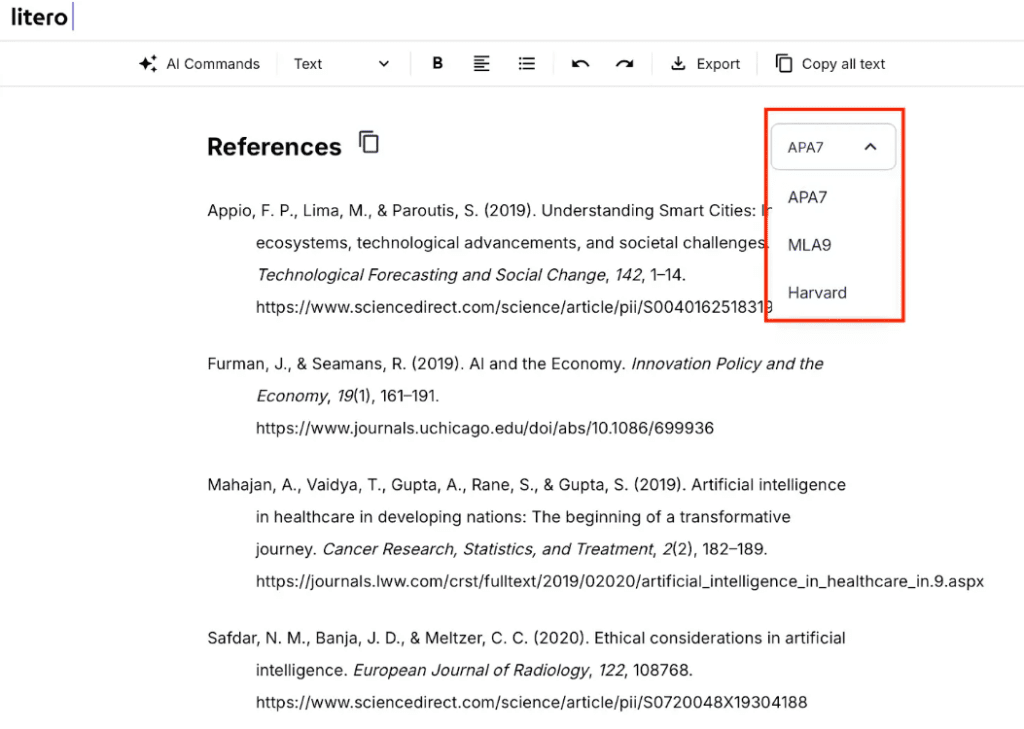Formatting bibliography with Litero AI citation functionality