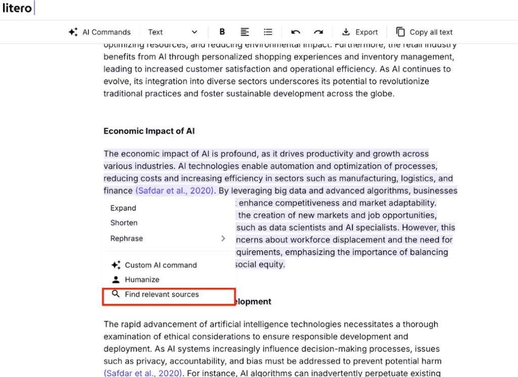 Generating APA citations for sources with Litero AI functionality