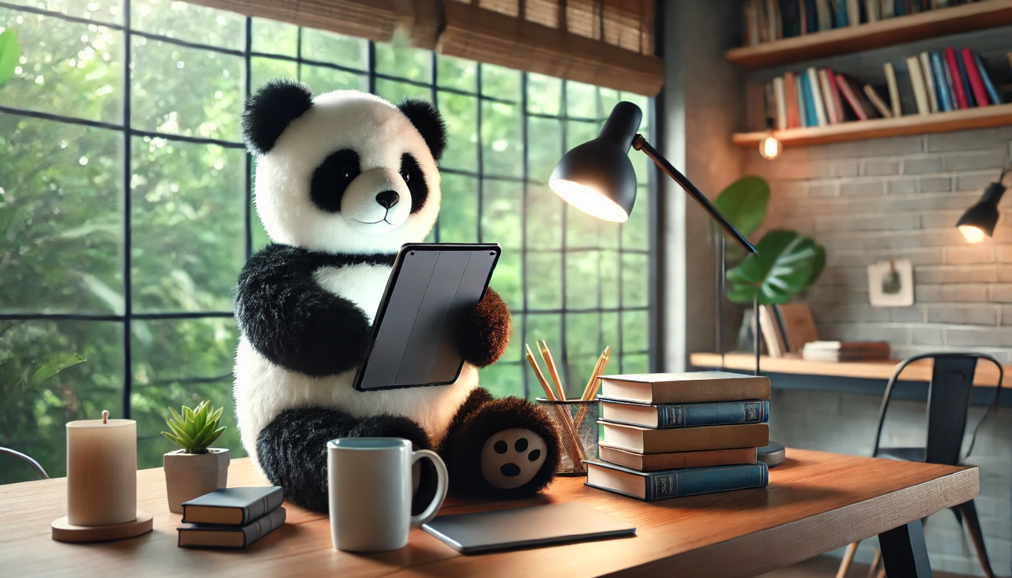 Panda Bear with a Tablet assisting with sentence starters for body paragraphs