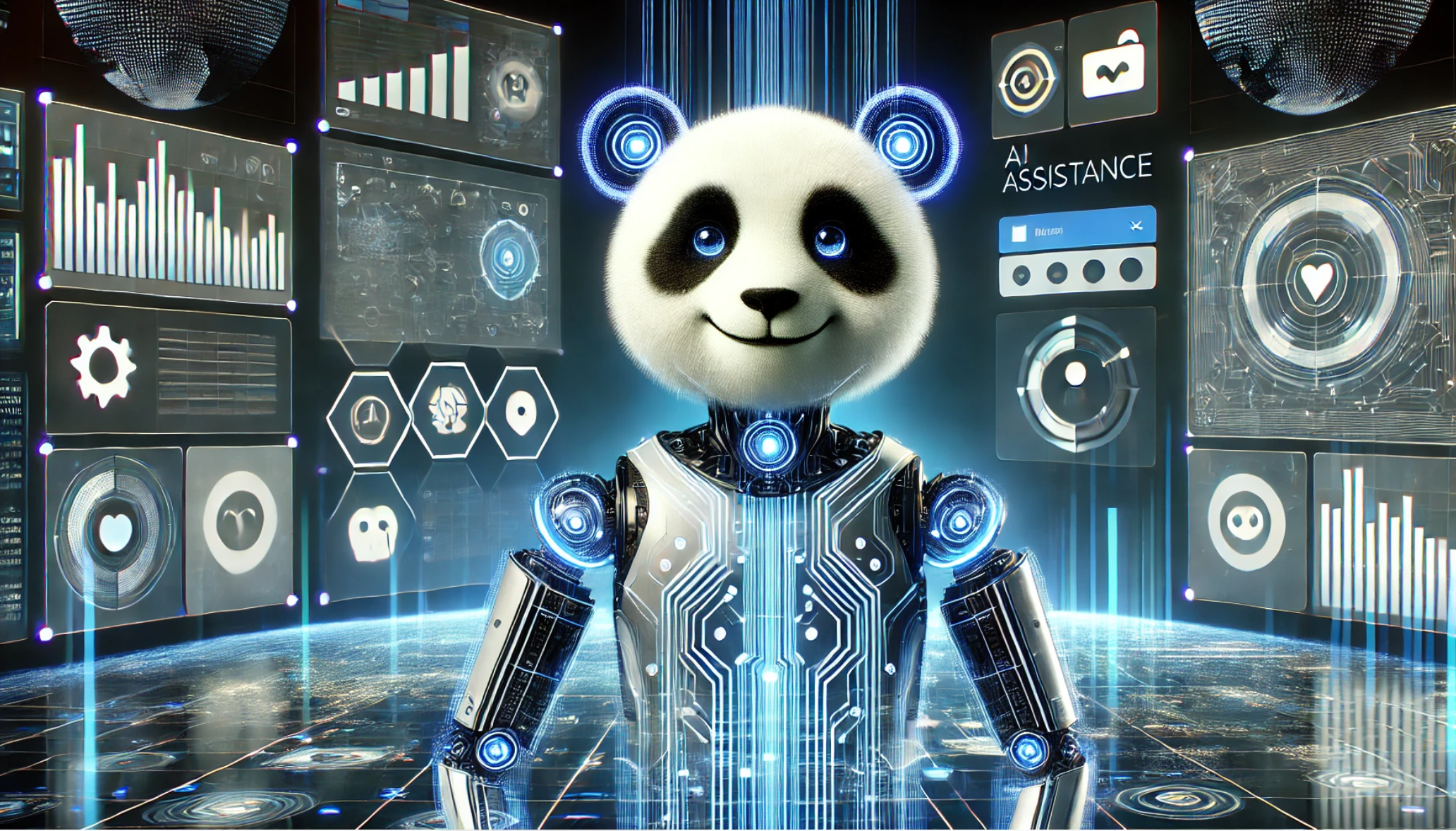 Futuristic digital assistant with glowing circuits and screens
