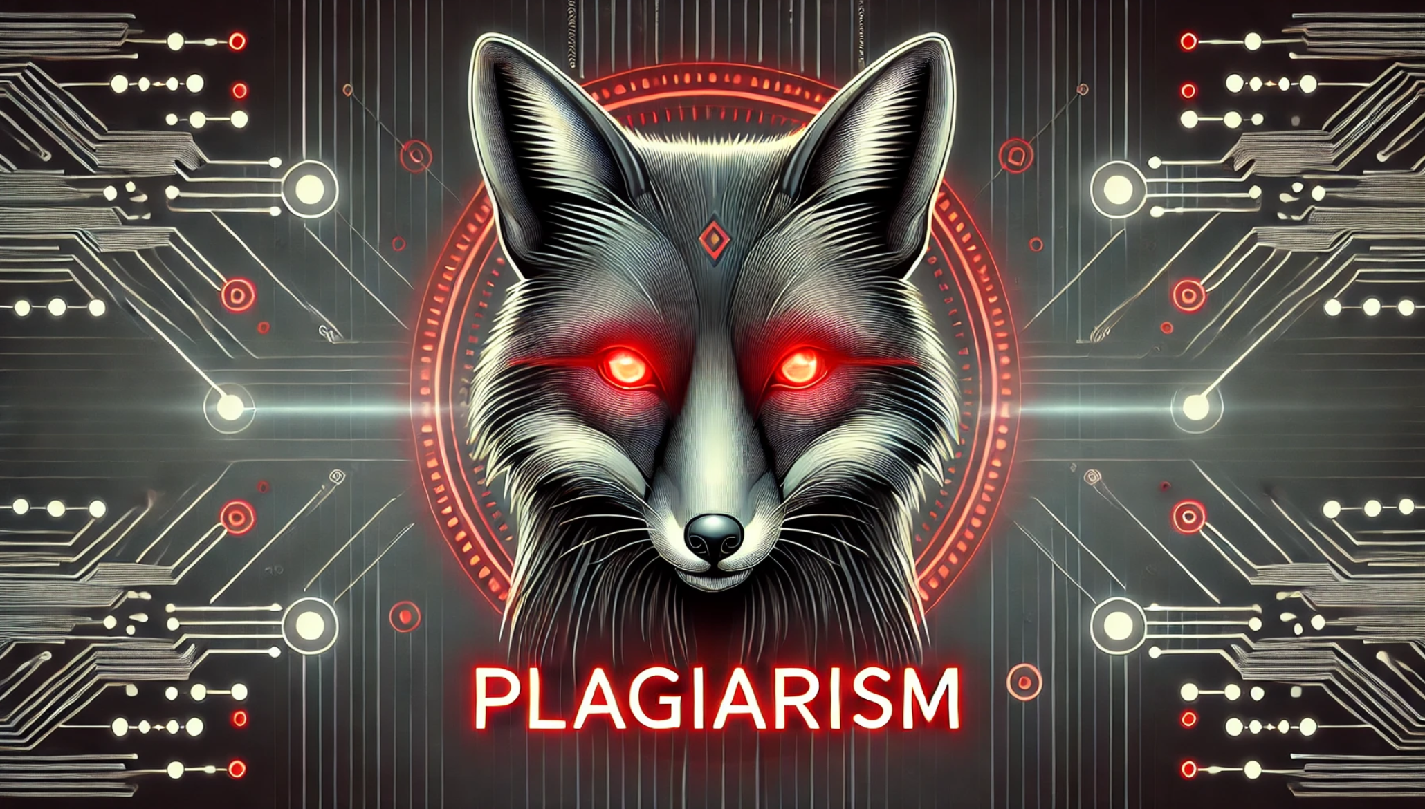 Glowing red eyes displaying plagiarism in a dark, digital setting