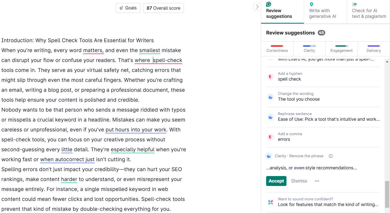 Grammarly’s editing interface showing a writing analysis with an overall score of 87. Suggestions are listed on the right panel under categories such as correctness, clarity, engagement, and delivery.