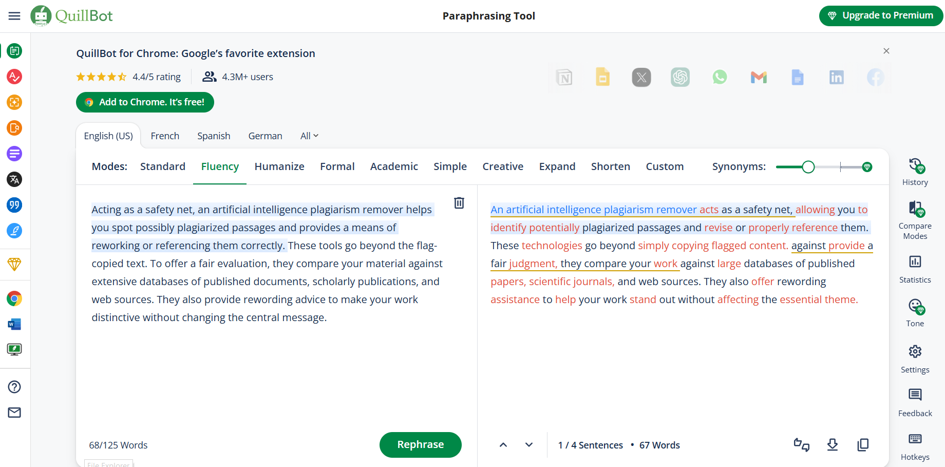 Quillbot's Paraphrasing Tool interface, highlighting text being rewritten in 'Fluency' mode. The original text is displayed on the left, while the paraphrased version appears on the right with color-coded changes for clarity. The interface includes a synonym adjustment slider, various paraphrasing modes such as Standard, Fluency, Natural, and Formal, and a 'Rephrase' button at the bottom.