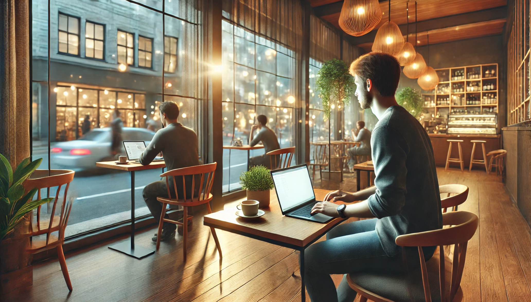 Person working on a laptop with coffee in a cozy café