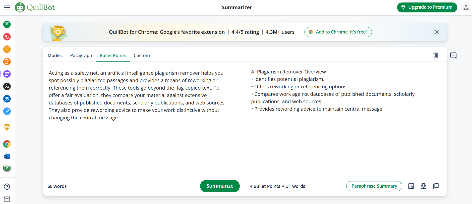Quillbot's Summarizer Tool displaying text on the left being summarized into bullet points on the right. The summarization modes include 'Paragraph,' 'Bullet Points,' and 'Custom.' The summary on the right provides a concise overview with key points listed