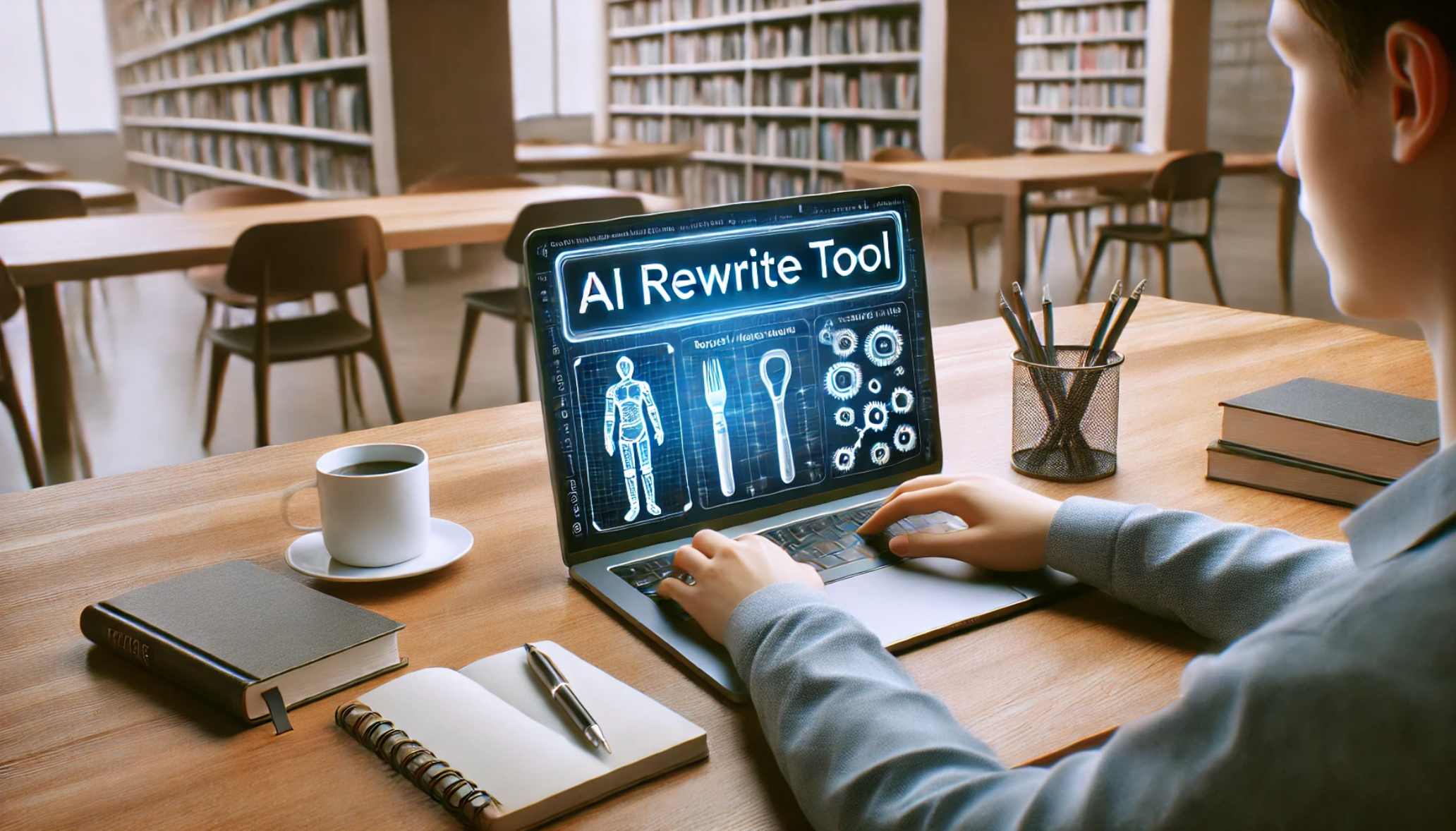 Student using a laptop with "AI Rewrite Tool" displayed on the screen