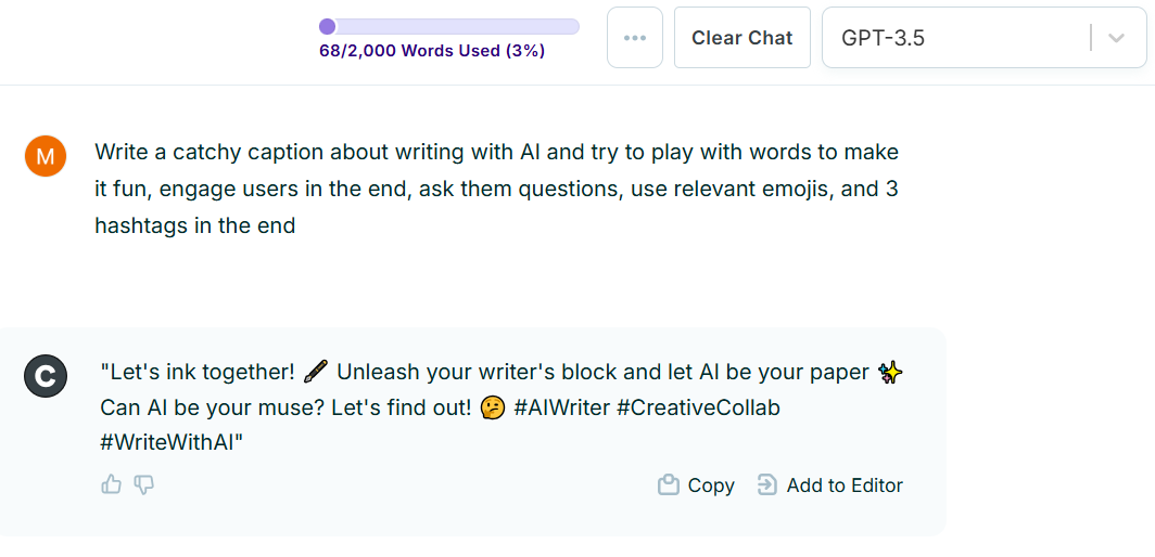 CopyAI’s workspace displaying a writing prompt and generated output. The prompt, "Write a catchy caption about writing with AI and try to play with words to make it fun, engage users in the end, ask them questions, use relevant emojis, and 3 hashtags in the end," is visible at the top. Below, the AI-generated caption reads: "Let's ink together! 🖋 Unleash your writer's block and let AI be your paper ✨ Can AI be your muse? Let's find out! 🤔 #AIWriter #CreativeCollab #WriteWithAI."