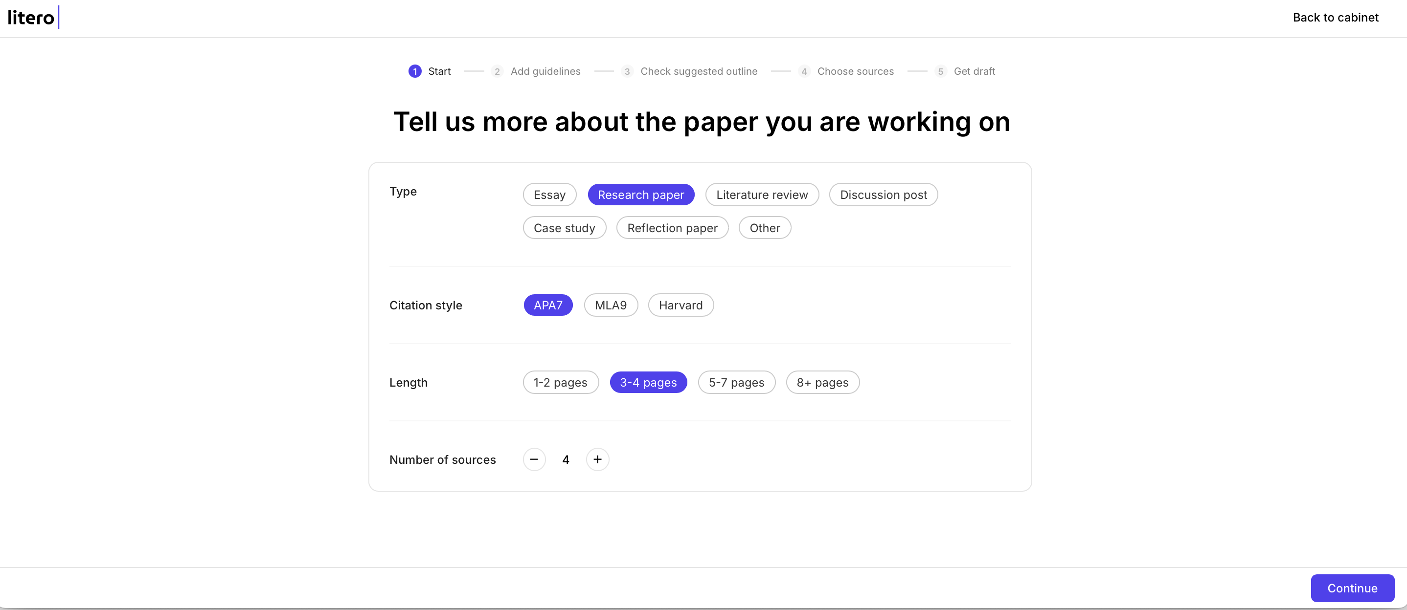 Litero AI's user interface asking for details about the paper being worked on. Options include selecting the type of paper (e.g., essay, research paper, literature review), citation style (APA7, MLA9, Harvard), desired length (1-2 pages, 3-4 pages, etc.), and the number of sources.