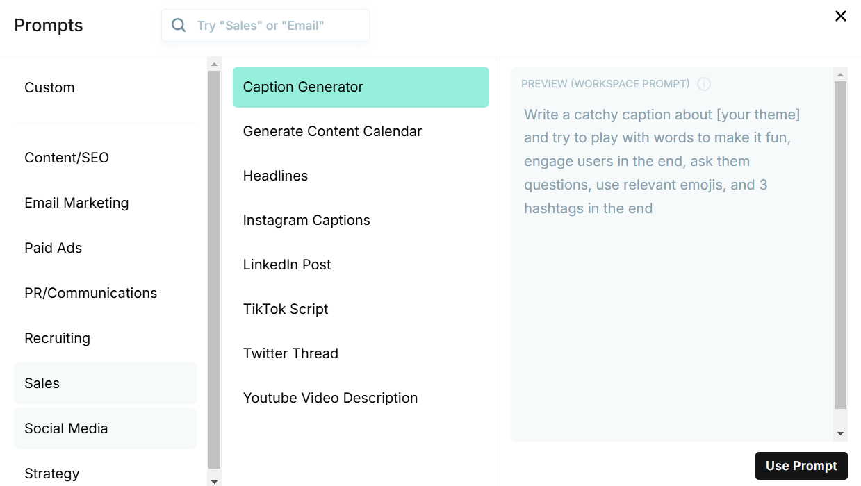 CopyAI's prompt selection interface, displaying various categories such as Content/SEO, Email Marketing, Paid Ads, PR/Communications, Recruiting, Sales, Social Media, etc.. The Social Media category is selected, showcasing specific prompts like Caption Generator, Generate Content Calendar, Headlines, Instagram Captions, LinkedIn Post, TikTok Script, Twitter Thread, and YouTube Video Description.