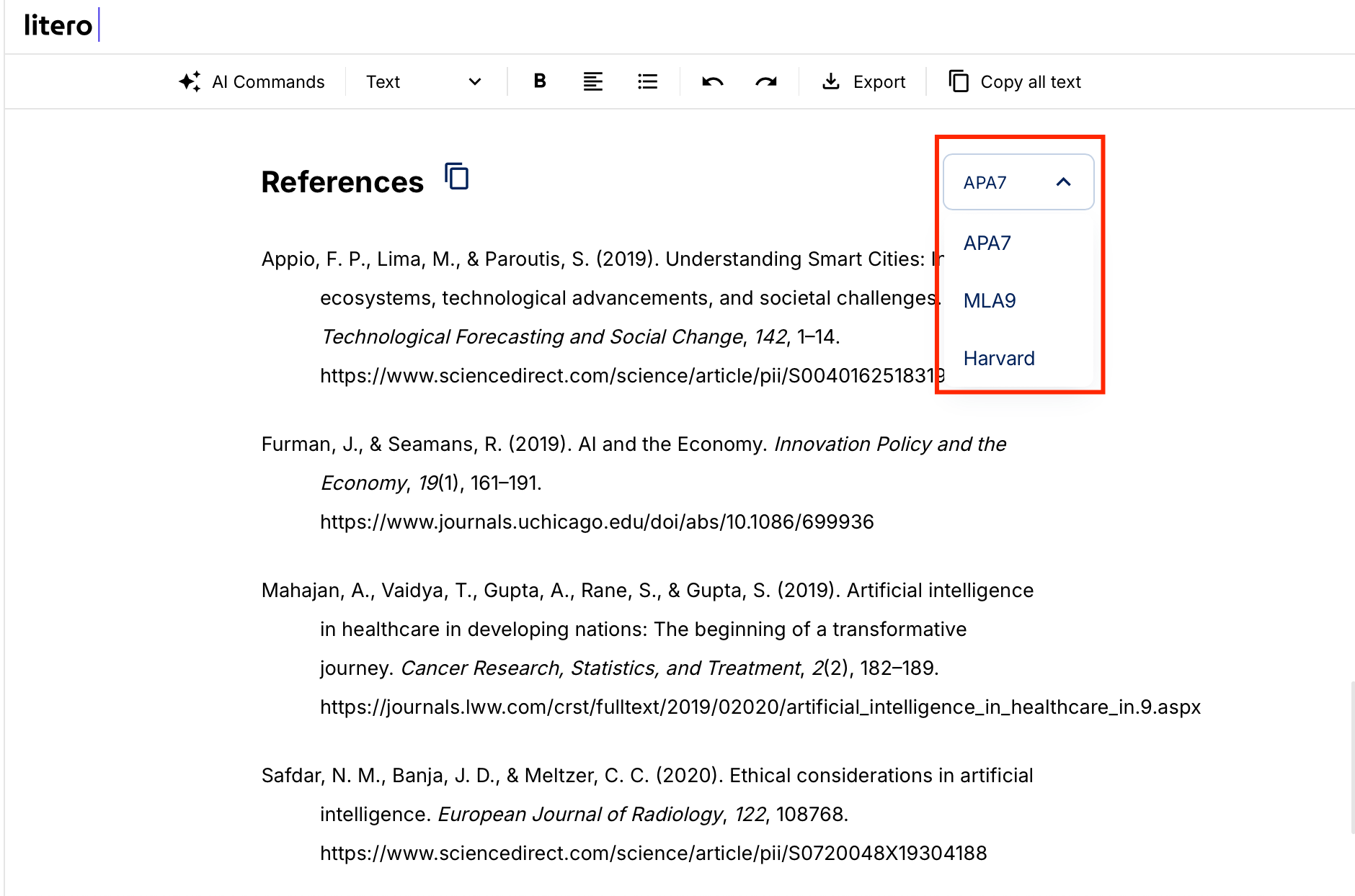 Litero AI's reference management interface displaying a list of formatted references in APA7 style. A dropdown menu on the right allows users to switch between citation styles, including APA7, MLA9, and Harvard.