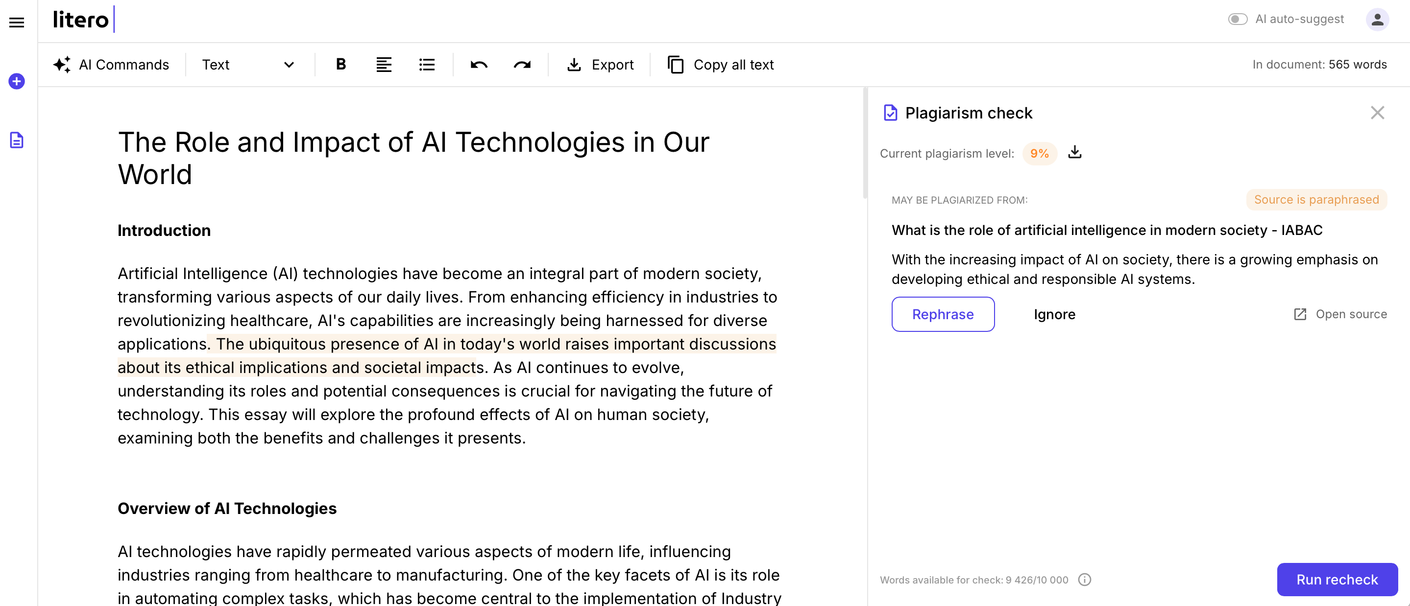Litero AI's plagiarism check feature highlighting a current plagiarism level of 9% with a paraphrased source referenced. Options to 'Rephrase' or 'Ignore' are available, along with a 'Run recheck' button.