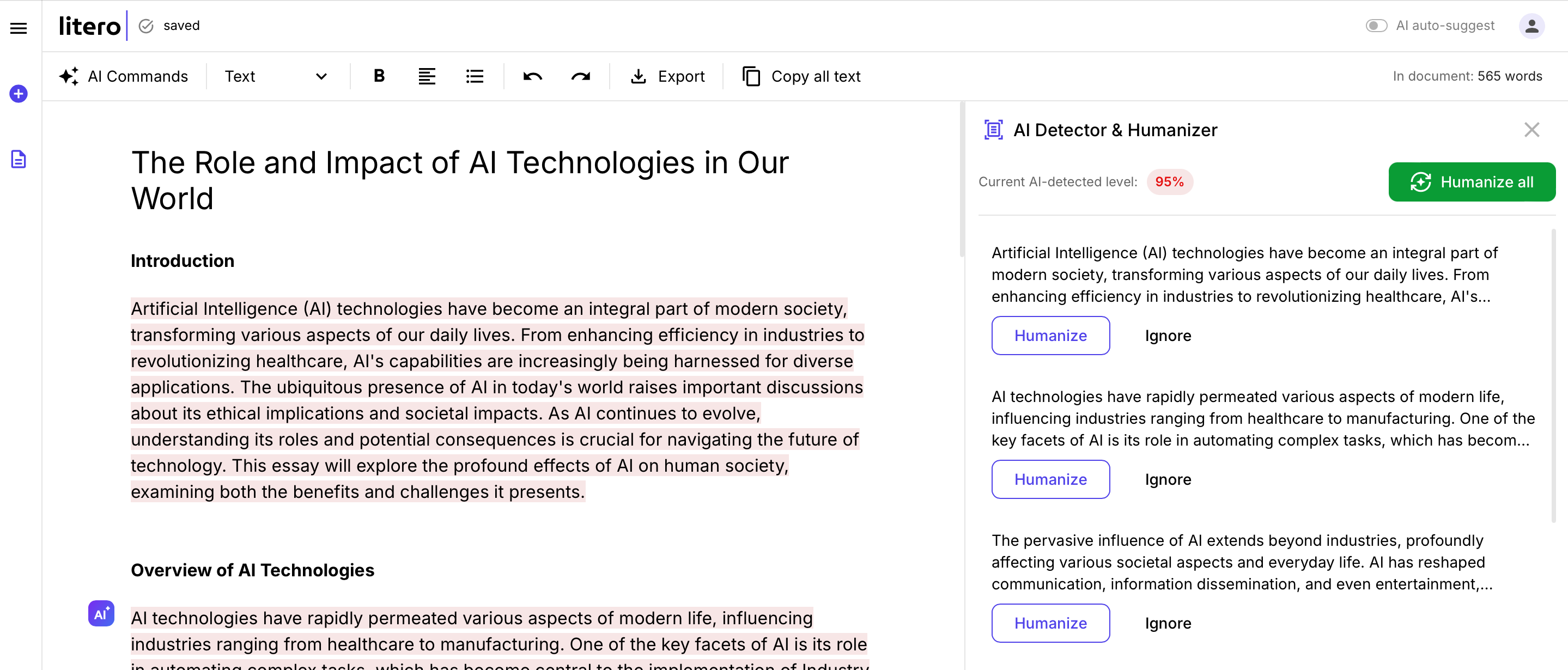 Litero AI's interface highlighting areas flagged by the AI Detector & Humanizer tool. The tool indicates a 96% AI-detected level, offering options to 'Humanize' or 'Ignore' flagged text.