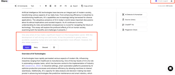 Litero - AI Auto Suggest Litero interface showing AI auto-suggest feature in action, proposing a paragraph about AI's impact on transportation for user approval.