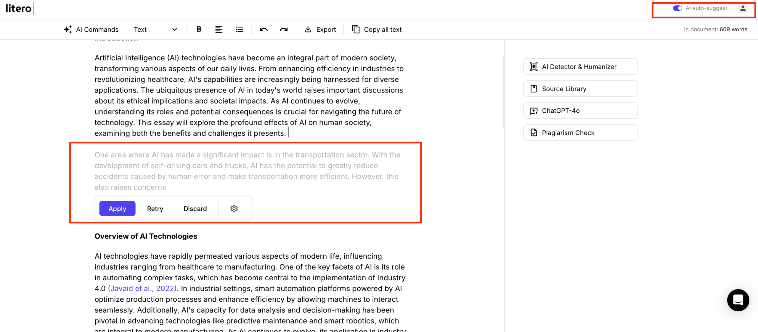Litero interface showing AI auto-suggest feature in action, proposing a paragraph about AI's impact on transportation for user approval.