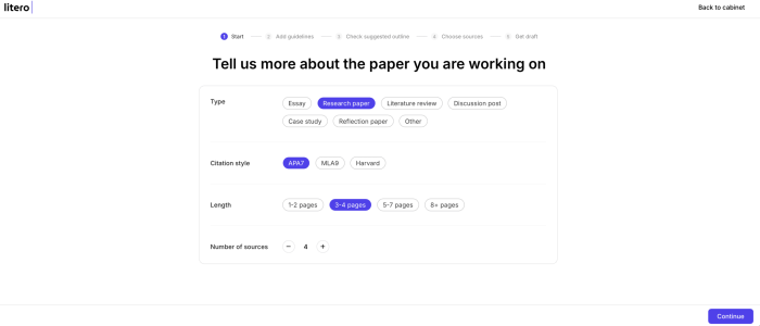 Litero - Draft Generator Litero interface showing paper setup step where users select type, citation style, length, and number of sources before generating a draft.