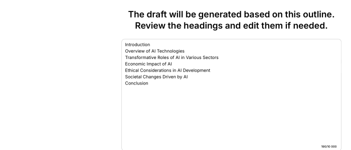 Litero - Outline Generator Litero interface displaying a suggested outline for an AI-themed essay, with editable section headings before draft generation.