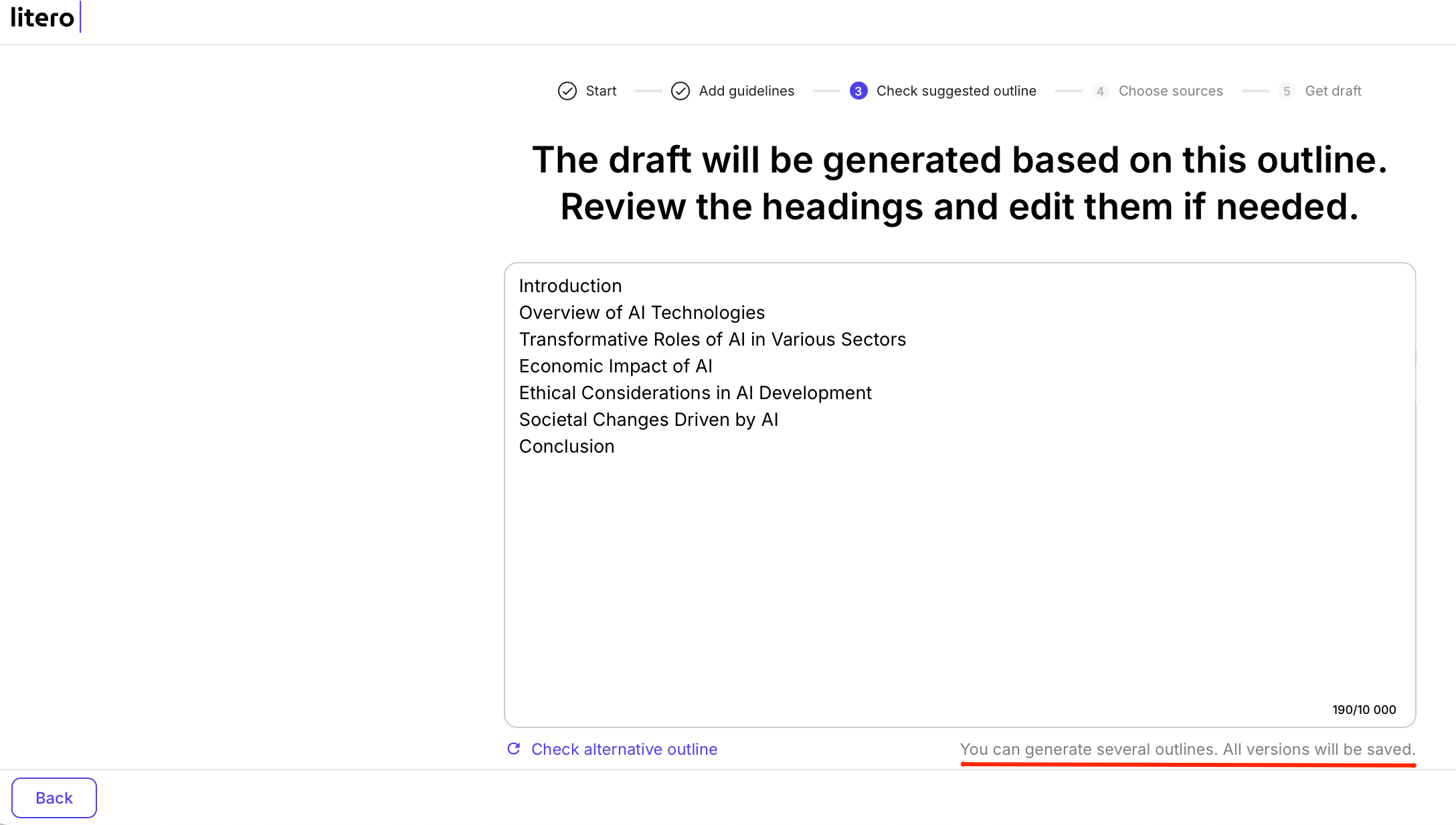 Litero interface displaying a suggested outline for an AI-themed essay, with editable section headings before draft generation.