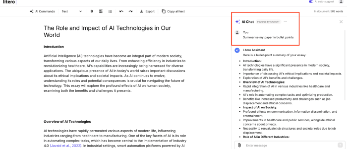 Litero - chat GPT inbuilt Litero platform showing AI-generated bullet-point summary of an essay about AI technologies, using ChatGPT-powered chat assistant.
