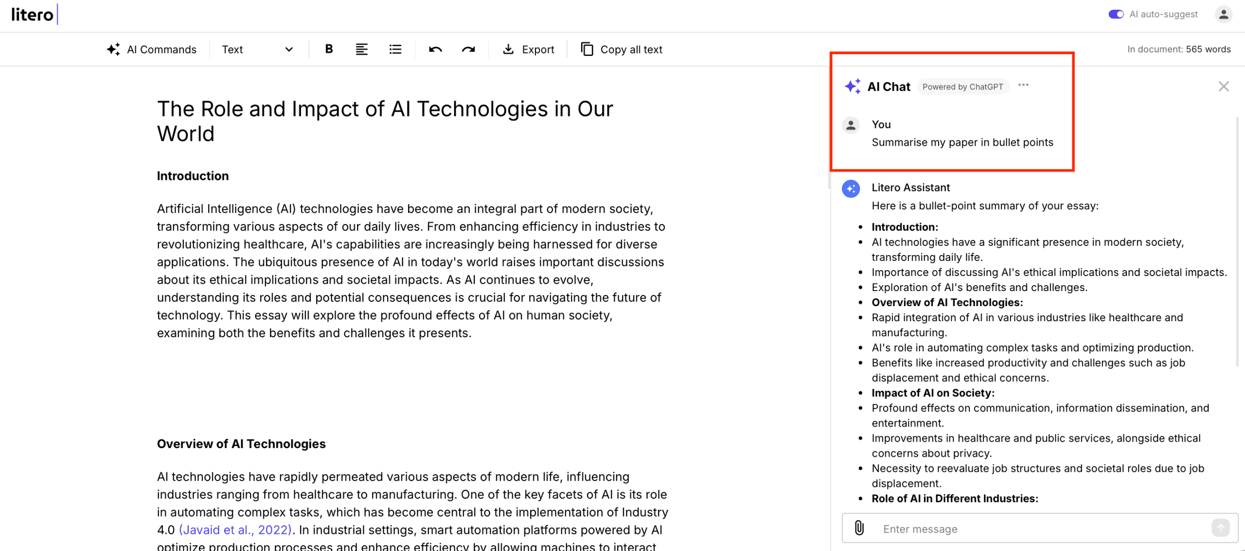 Litero platform showing AI-generated bullet-point summary of an essay about AI technologies, using ChatGPT-powered chat assistant.