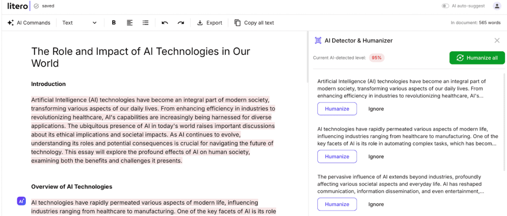 Litero's interface showing a document titled "The Role and Impact of AI Technologies in Our World," with the introduction highlighted and an AI detection tool indicating a 95% likelihood of AI-generated text alongside options to "Humanize" the content.