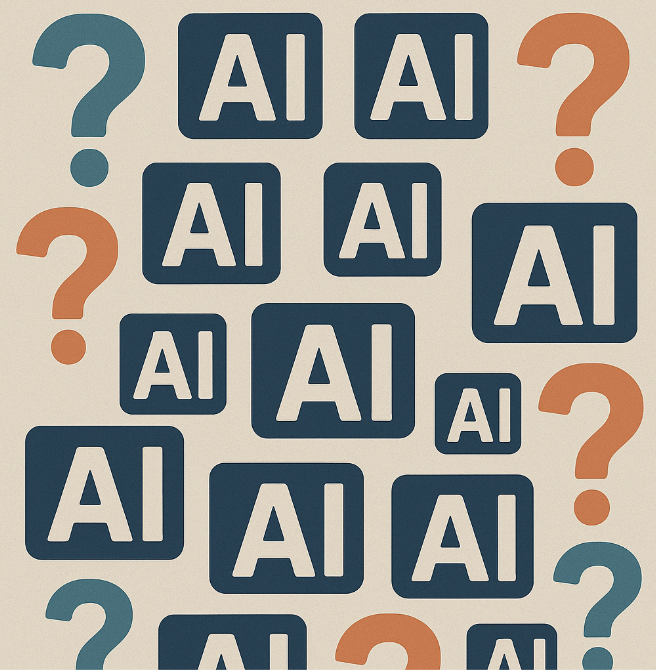 Symmetrical pattern of alternating teal and orange question marks and navy blue "AI" blocks on a light beige background.