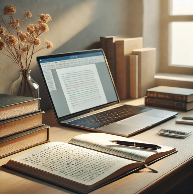 Laptop with a document open on screen, surrounded by books and a handwritten notebook on a warmly lit wooden desk by a window.