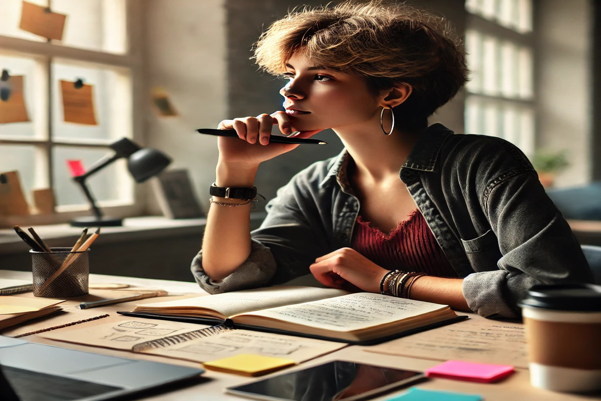 A girl sitting at the table full of notebooks