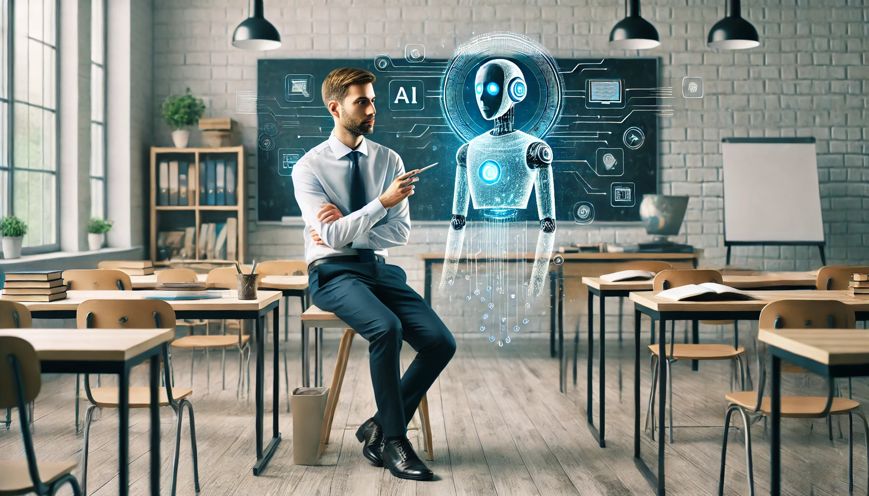 Professor using a holographic AI assistant in a classroom with desks, whiteboard, and educational materials