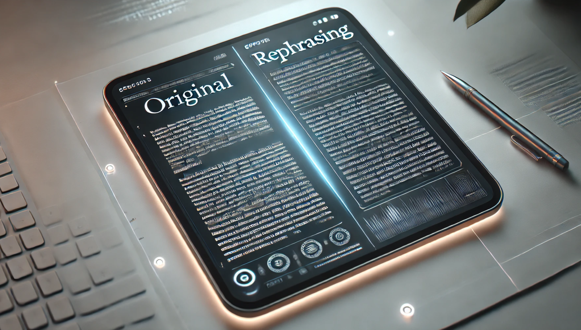 Digital book showing original and rephrased text on a sleek screen