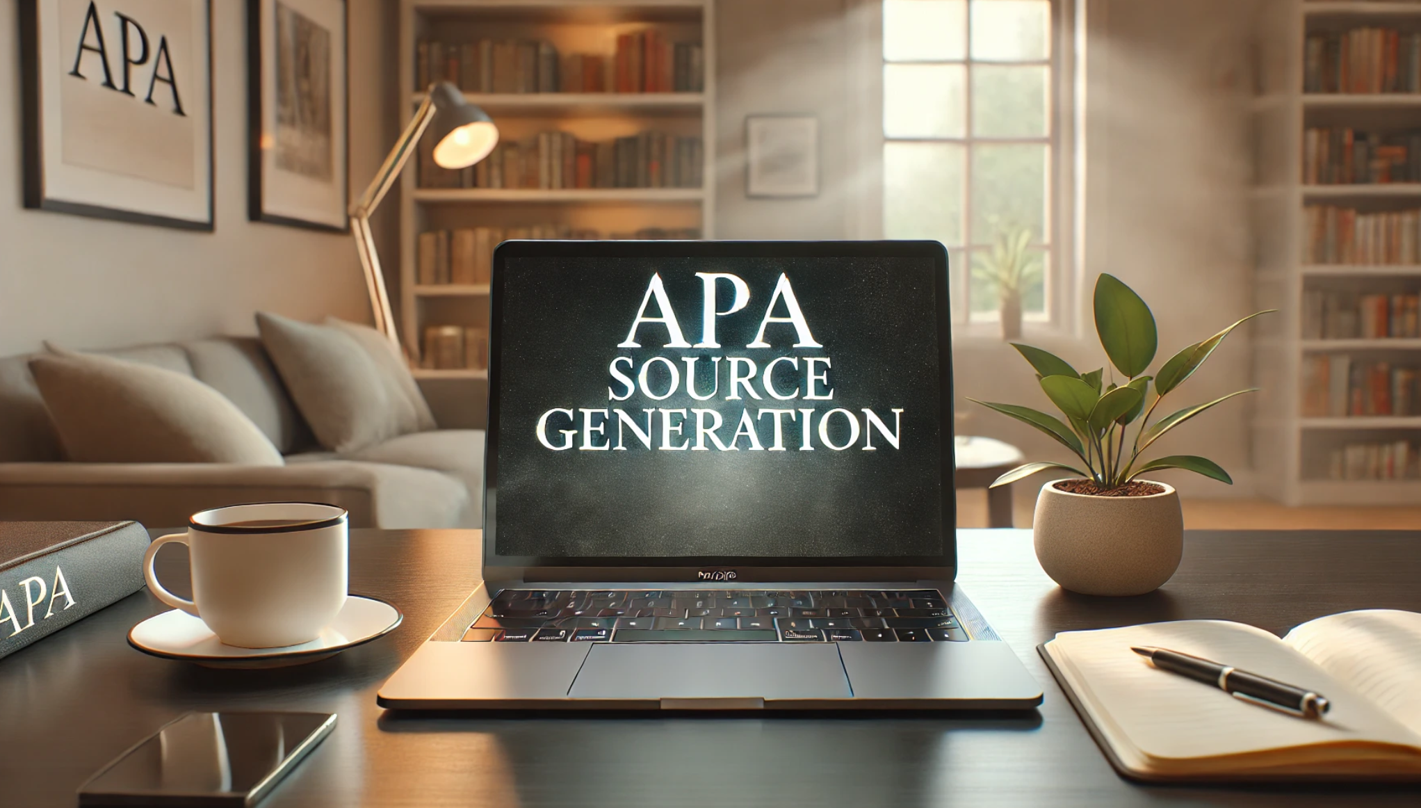 Laptop displaying 'APA Source Generation' in a cozy home workspace