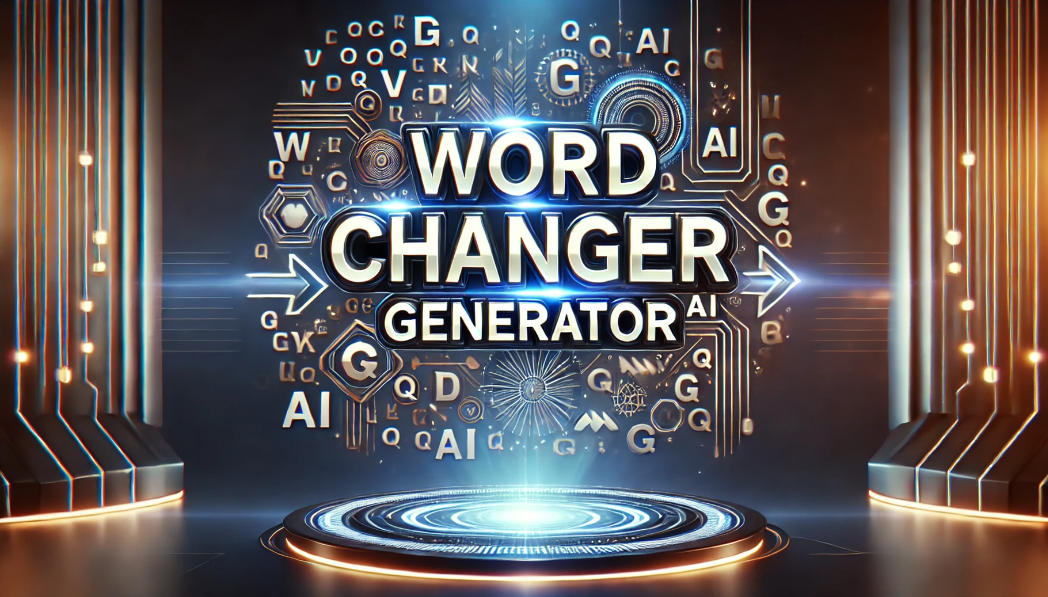 Glowing 'Word Changer Generator' with digital symbols and circuits