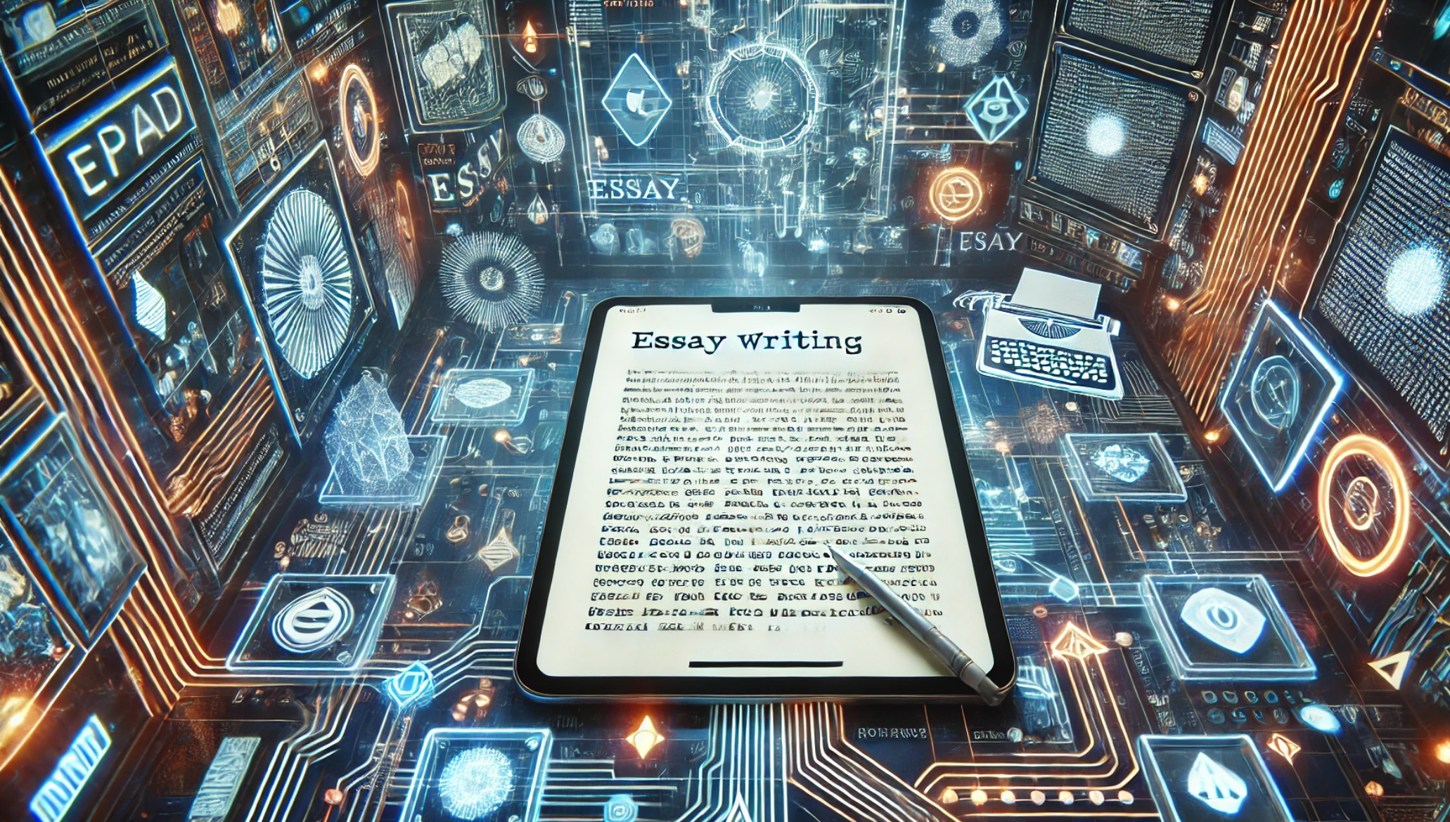 iPad showing essay writing, surrounded by digital symbols and neon circuits