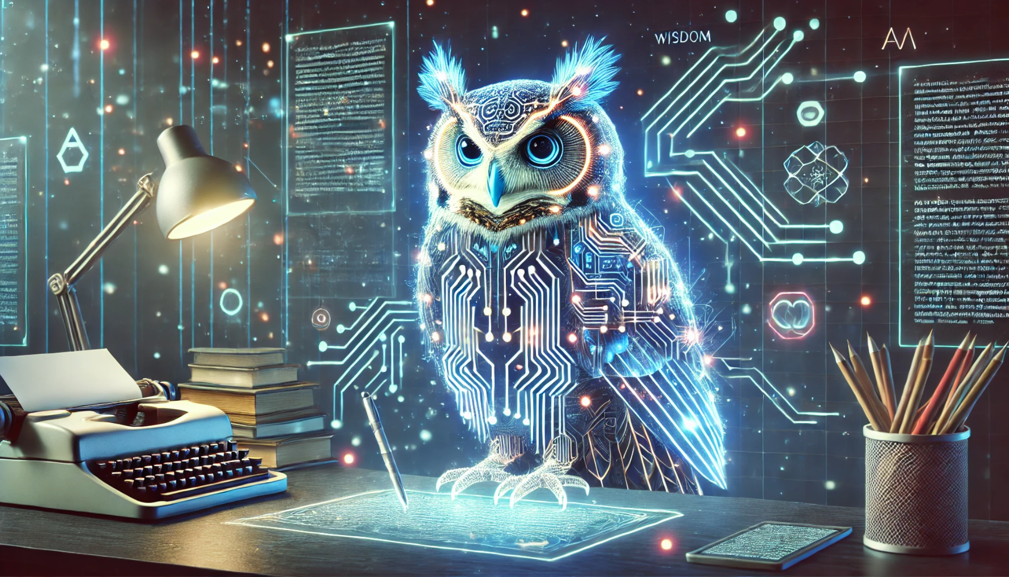 Futuristic owl with digital patterns at a high-tech desk writing with AI