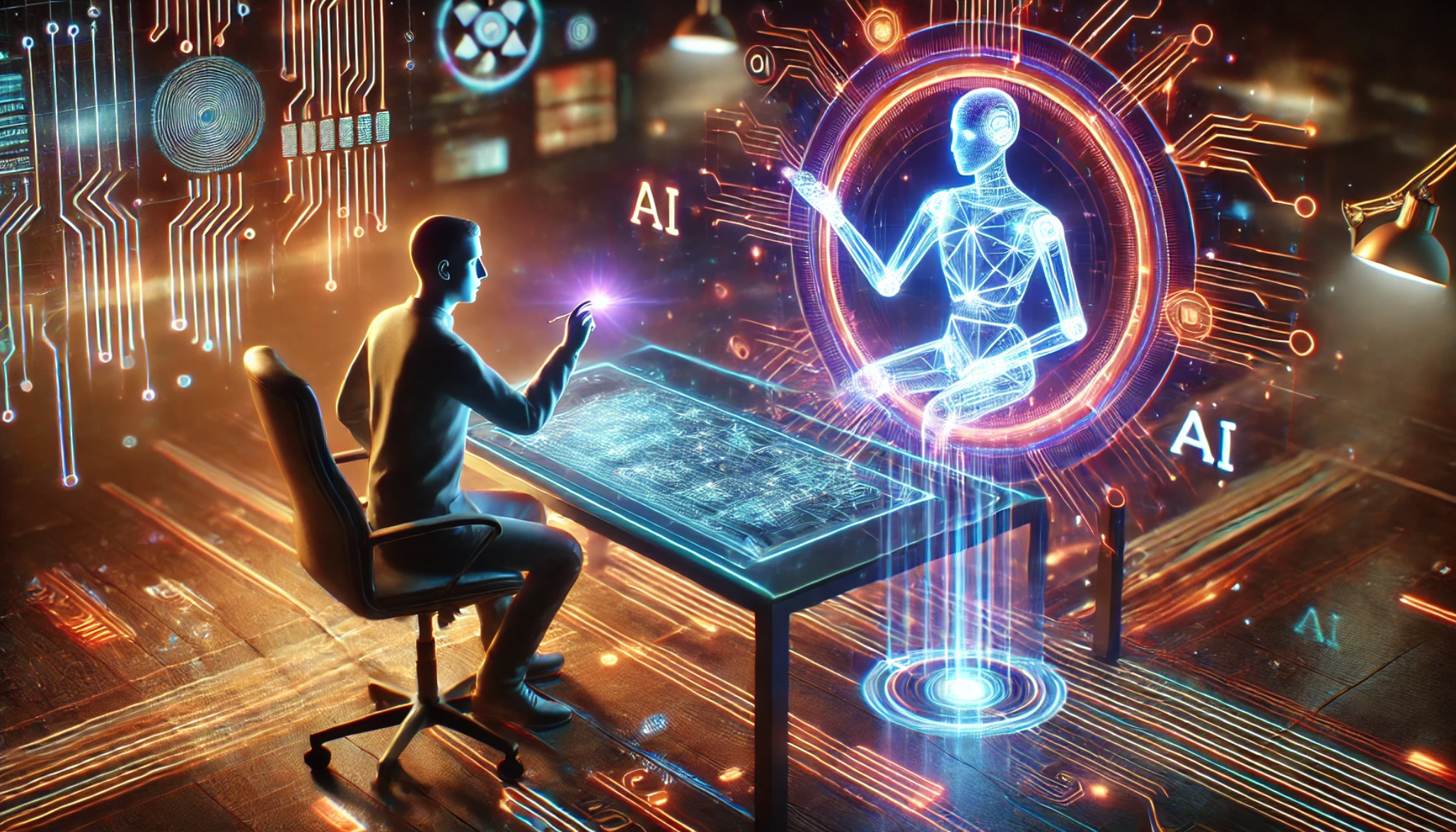 Human at a modern desk interacting with a glowing digital interface connected to an AI figure